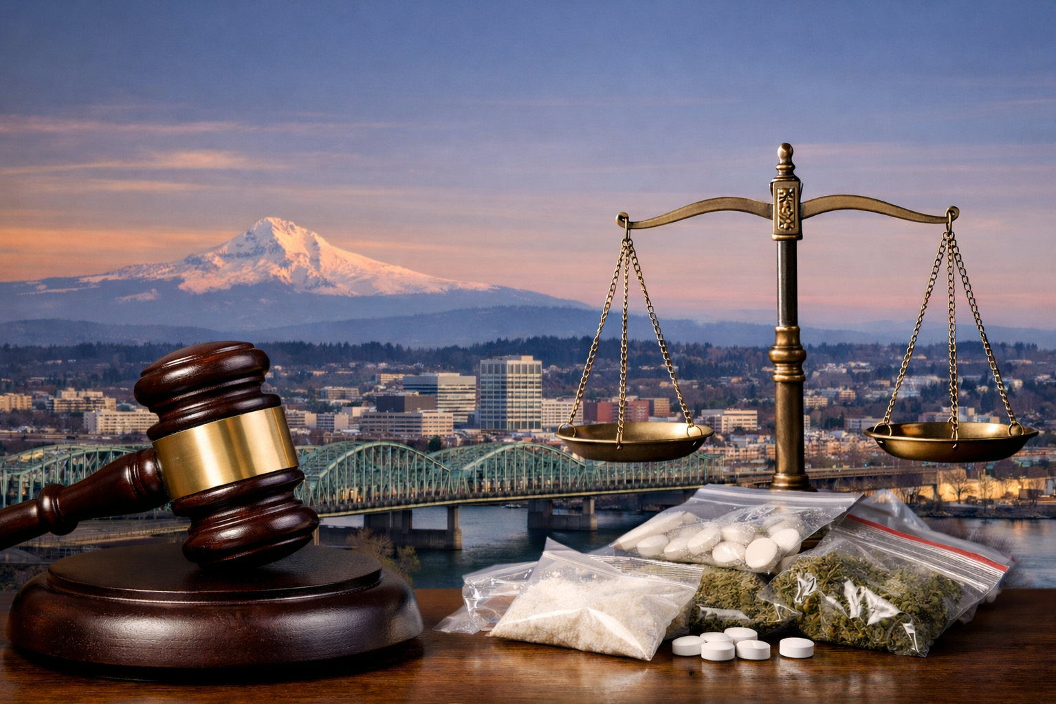 Gavel and scales of justice on a wooden desk overlooking the Vancouver, Washington skyline with the Interstate 5 Bridge and Mount Hood in the background, symbolizing drug defense legal representation in Washington State.