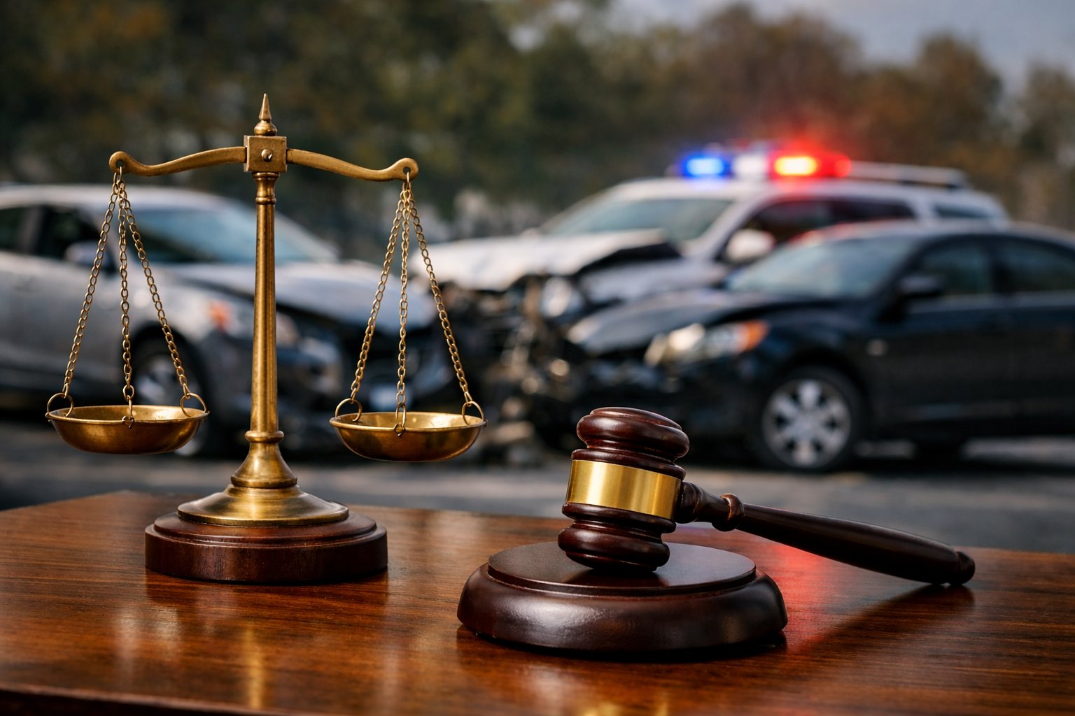 Scales of justice and gavel on a wooden desk with a blurred car accident scene and police lights in the background.