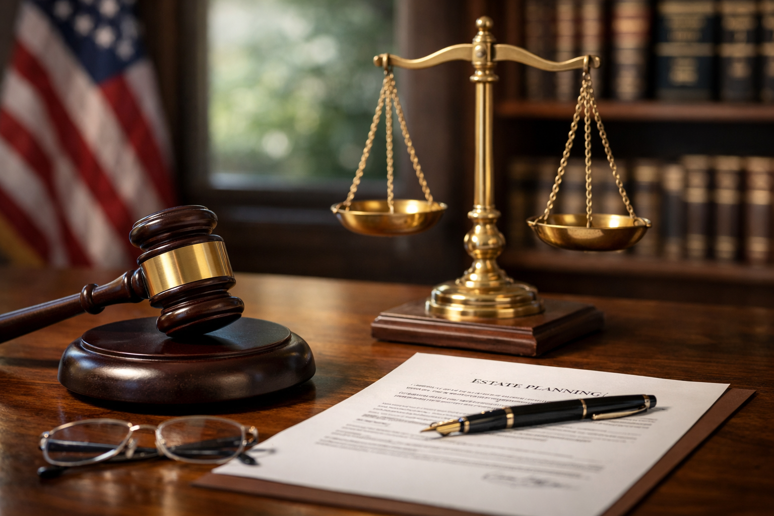 Estate planning scene with a judge’s gavel, brass scales of justice, and a signed document on a wooden desk in a law office.