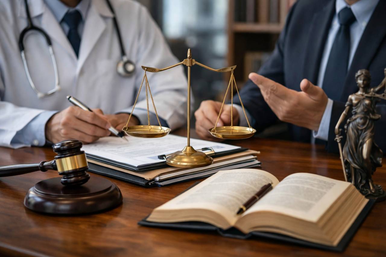 Doctor in a white coat and attorney in a suit reviewing medical documents at a desk with a balance scale, gavel, and law books in the background.