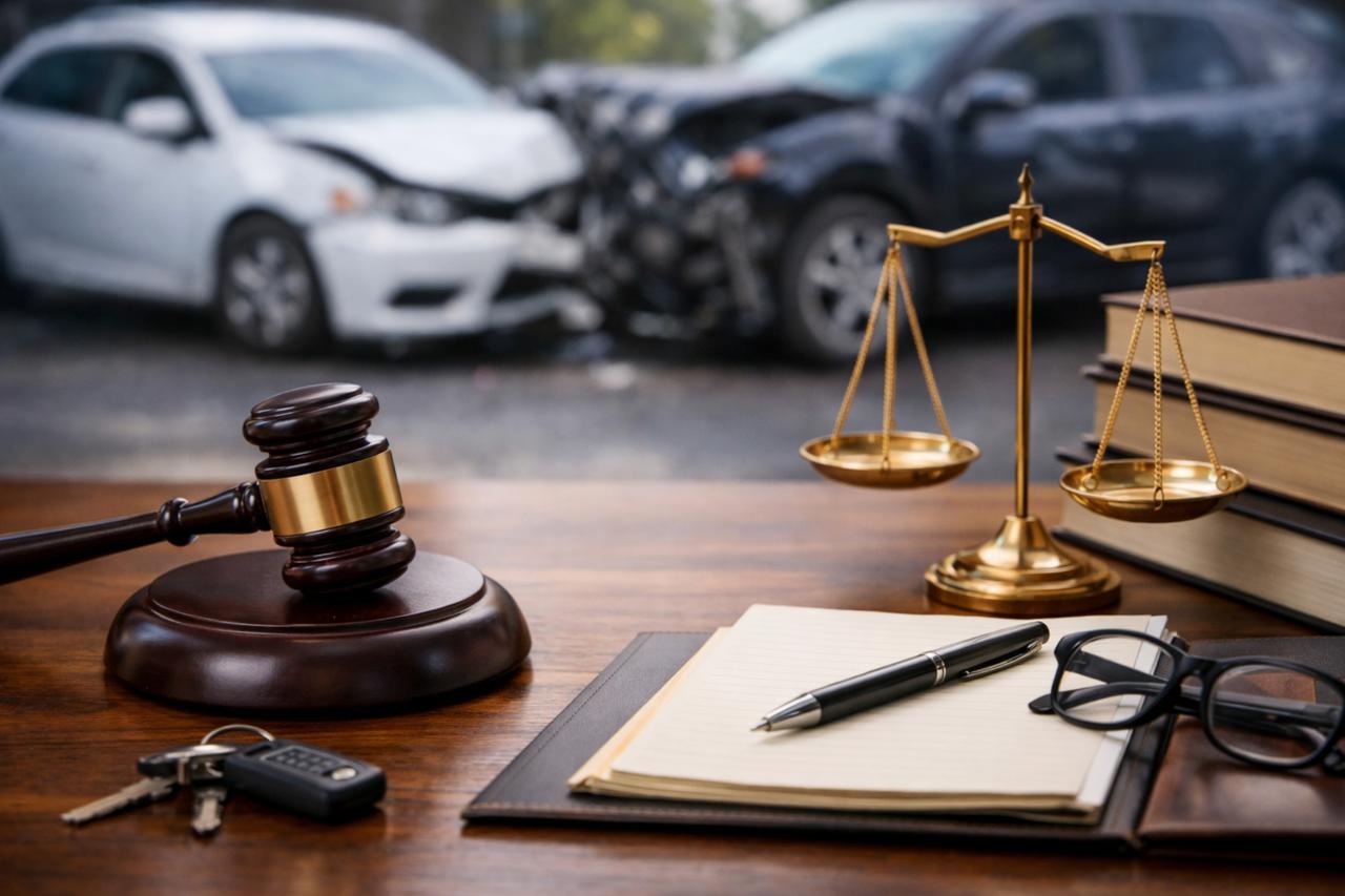 Legal desk with a gavel, scales of justice, and car keys in the foreground, with a blurred two-car collision scene in the background.