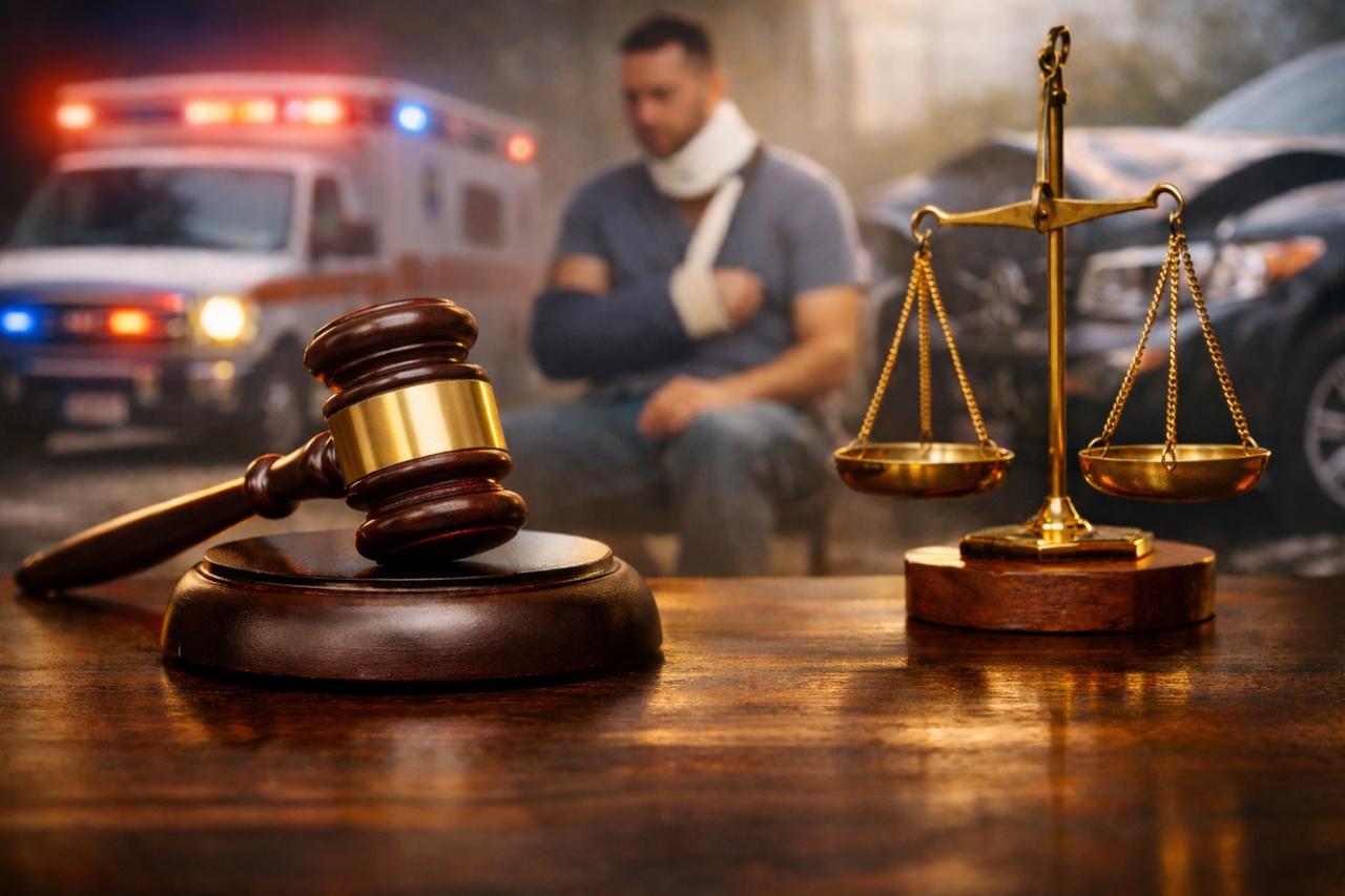 Judge gavel and scales of justice on a wooden desk with an injured man wearing a neck brace sitting near a damaged vehicle and ambulance lights in the background after a traffic accident.