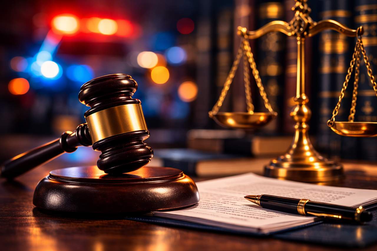 Judge’s gavel on a sound block beside legal documents and a pen, with scales of justice and blurred police lights in the background representing personal injury law and accident-related legal claims.