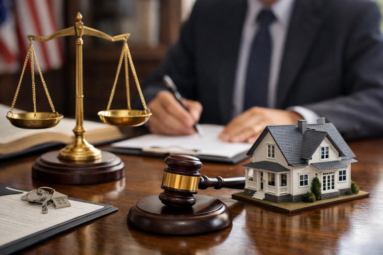 A real estate attorney signs paperwork at a desk with brass balance scales, a wooden gavel, house model, and keys in the foreground under warm natural light.