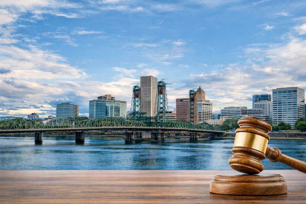 Vancouver Washington skyline and Interstate Bridge over the Columbia River with a judge’s gavel in the foreground representing legal services in Vancouver WA.