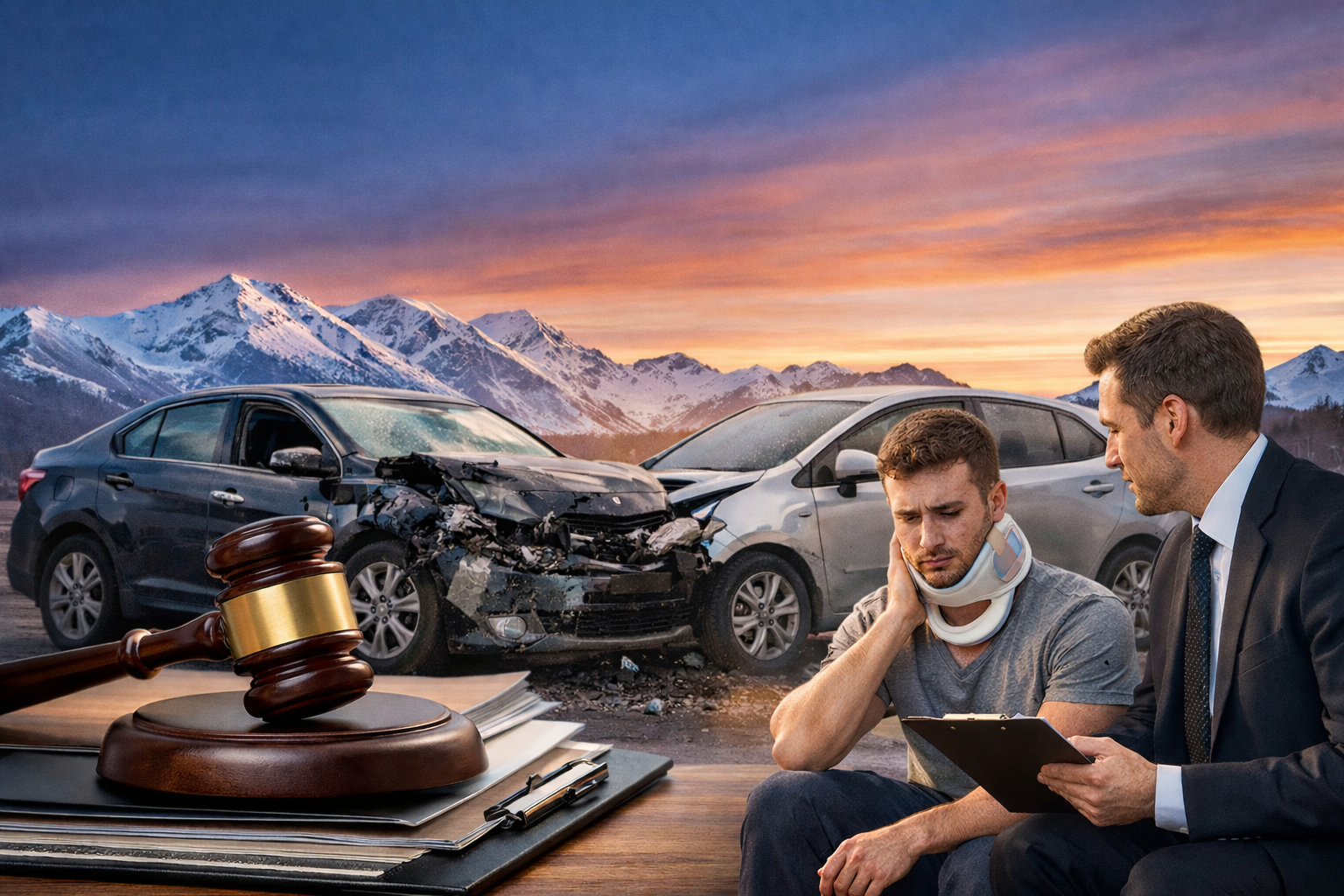 Auto accident attorneys in Alaska featured image showing a car crash scene with two damaged vehicles on a snowy Alaskan roadway at sunset, mountains in the background, a judge’s gavel on legal documents in the foreground, and an injured driver wearing a neck brace speaking with a lawyer.