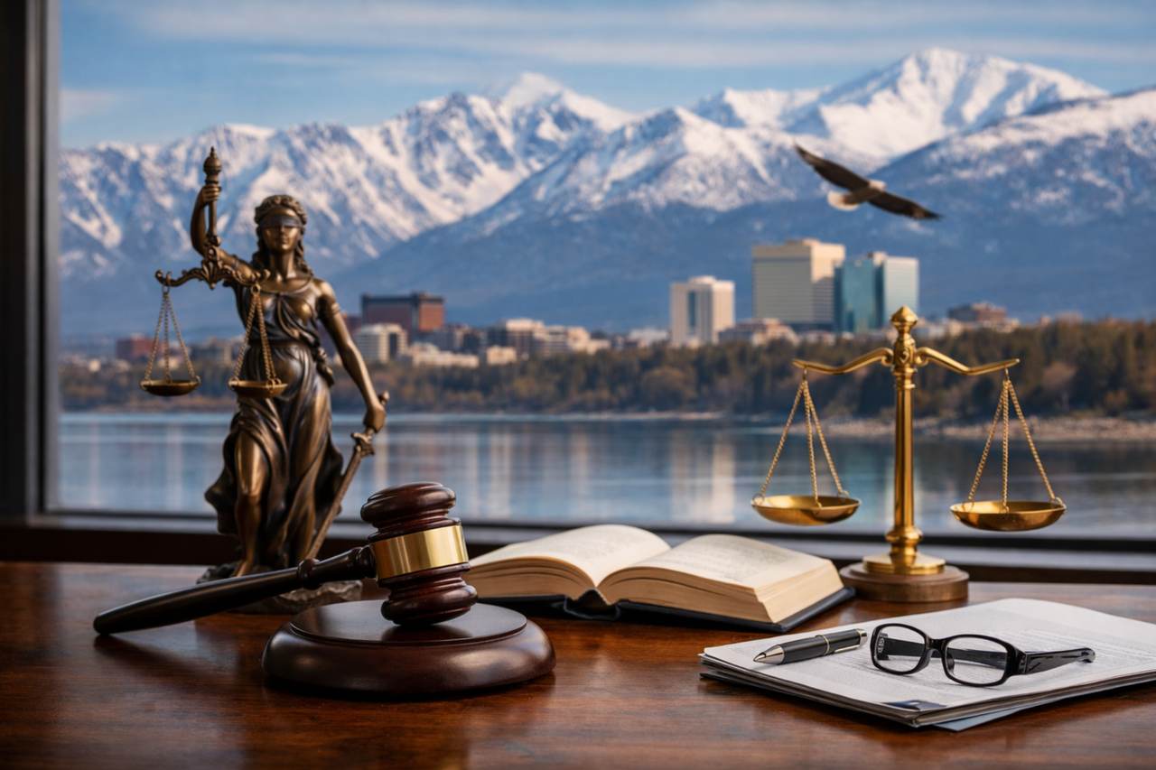 Attorney desk with gavel, scales of justice, and Anchorage skyline with snowy Alaska mountains in the background
