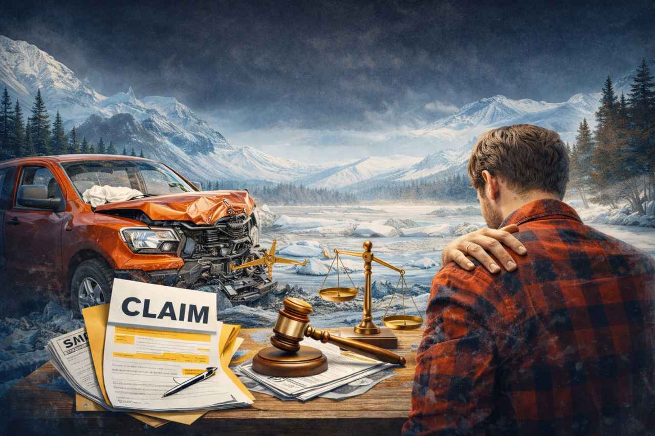 Damaged pickup truck crash scene in snowy Alaska with legal gavel and scales symbolizing a personal injury claim.
