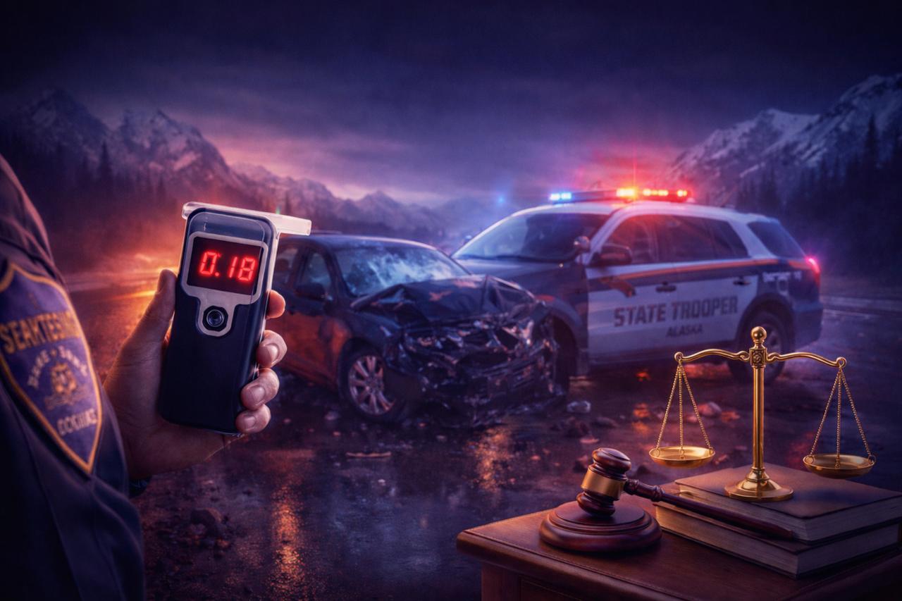 Drunk driving accident scene in Alaska with damaged vehicle, police presence, breathalyzer reading, and legal symbols representing injury claims