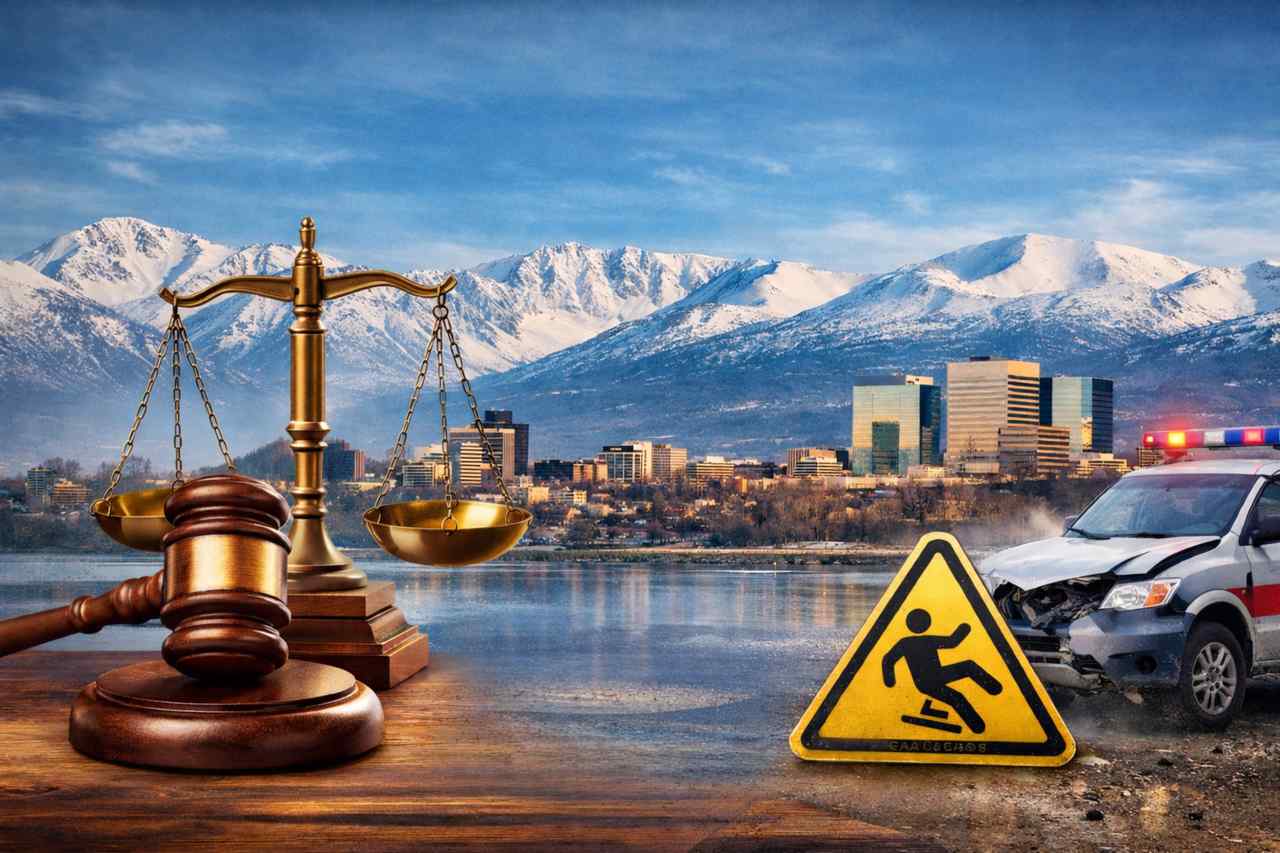 Anchorage Alaska skyline with Chugach Mountains, gavel and scales of justice, and damaged vehicle scene representing personal injury law.