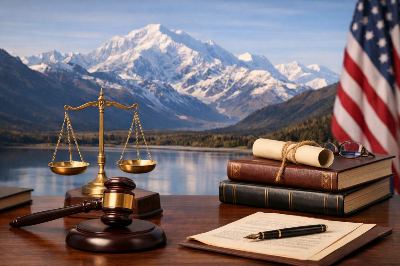 Alaska legal scene with scales of justice, gavel, books, and documents in front of snow-covered mountains and a lake.